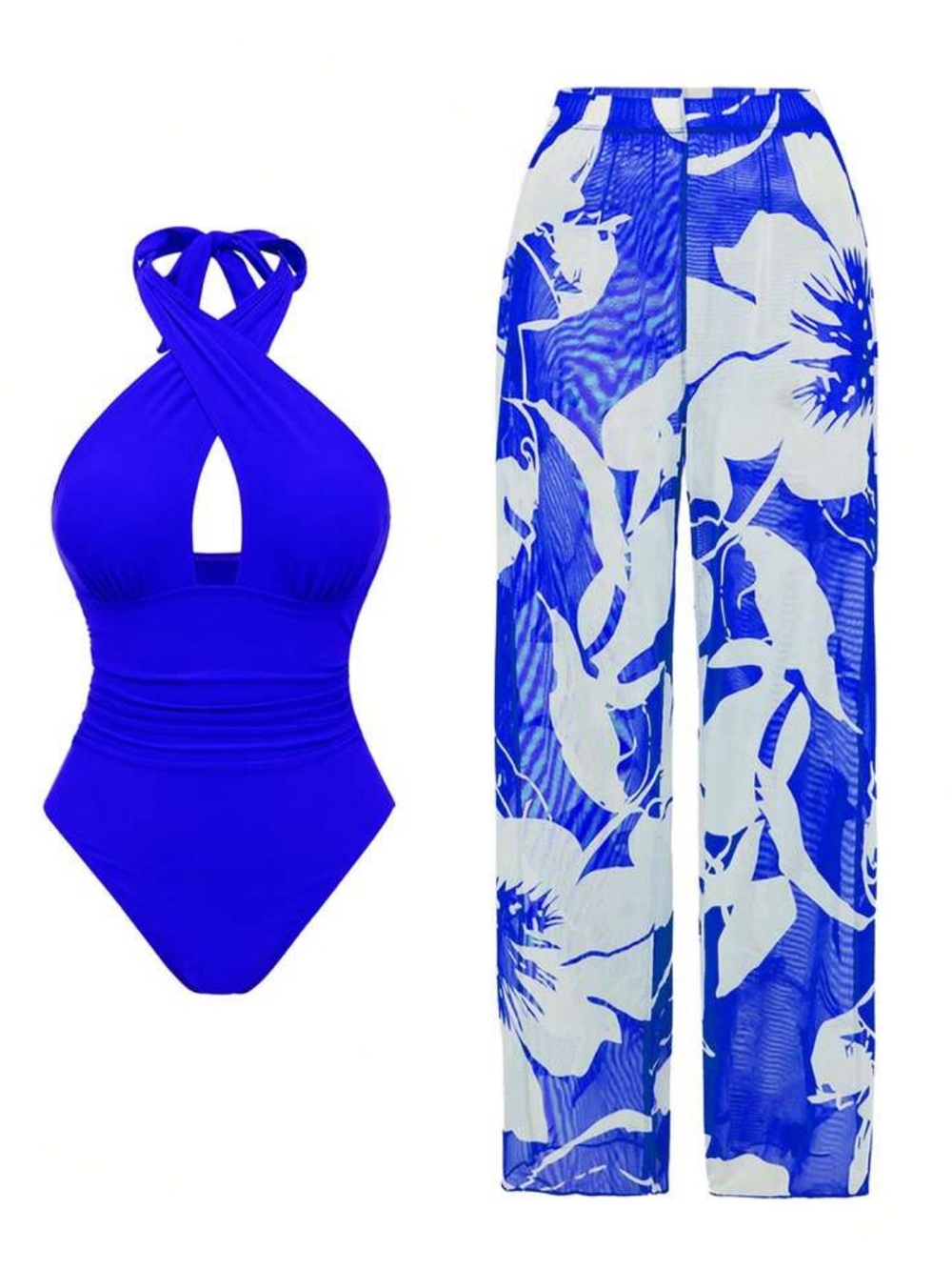 Royal Blue Criss-Cross two-Piece Swimsuit with sheer Cover Pants